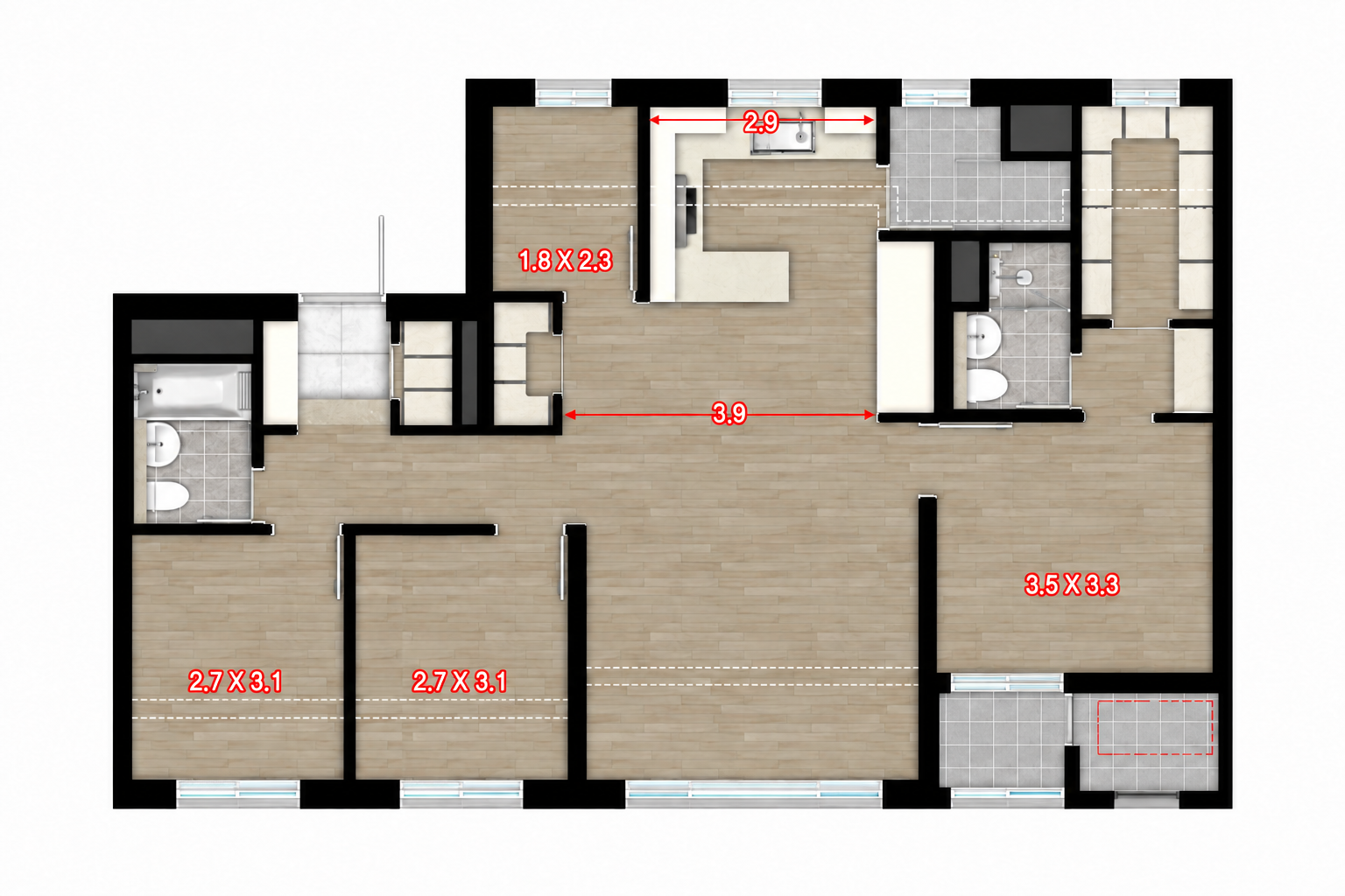74㎡ 保留所提供尺寸的扩建型布局比较图